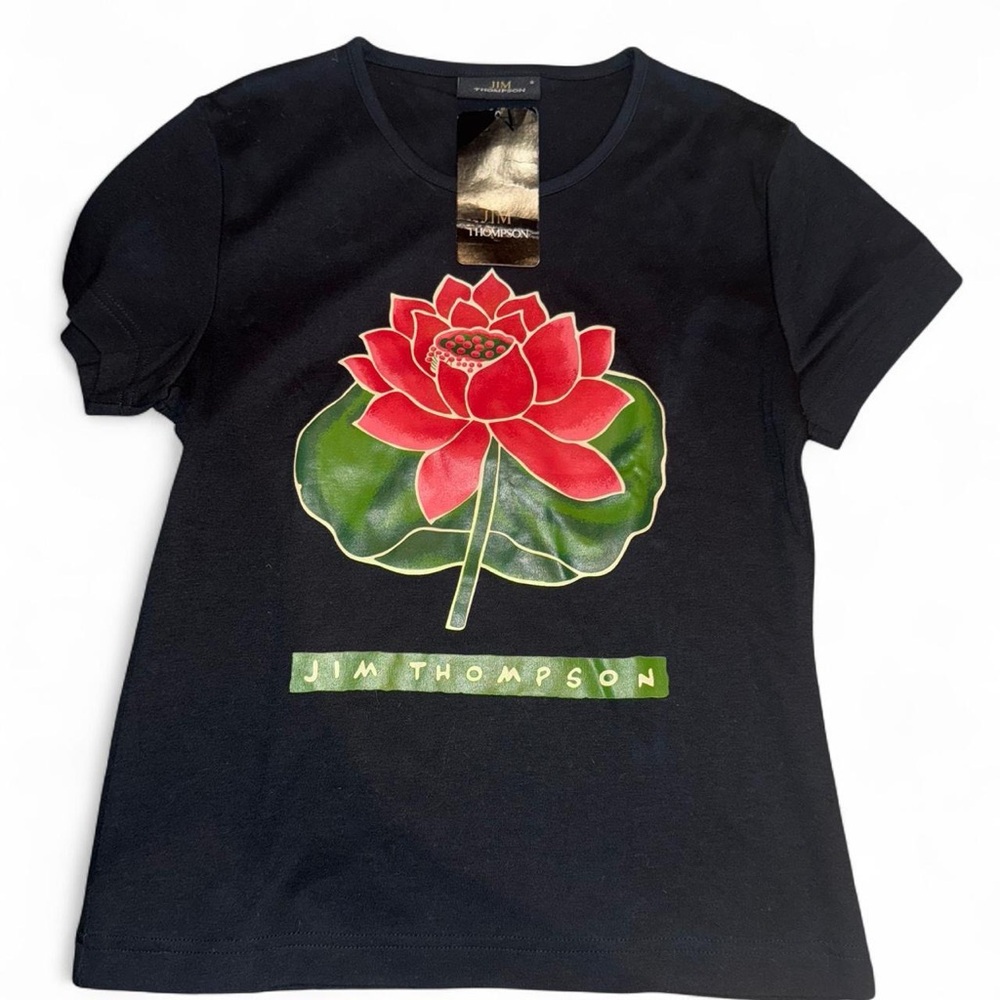 Jim Thompson Black Tee with Red and Green Lotus Design